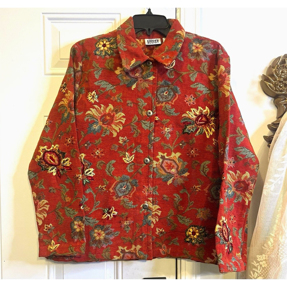 Vintage 90s Chico's Cottagecore Tapestry Floral Jacket Size 2 L Red Sunflowers